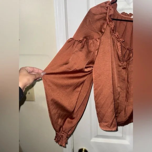 Women’s Rust Peasant Satin Blouse with Tie Neck by Blu Pepper - Picture 4 of 6